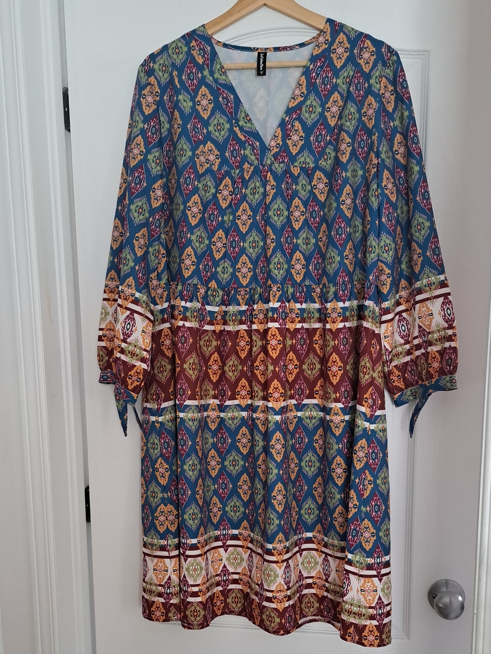 Boho-Inspired Blue Midi Dress with Geo Motif